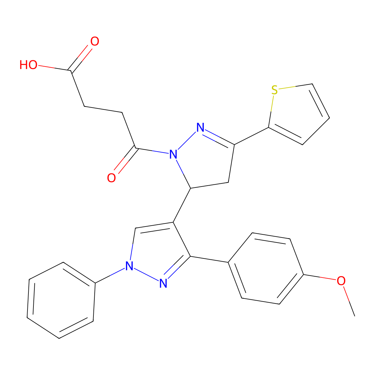 4-[3-[3-(4-Methoxyphenyl)-1-phenylpyrazol-4-yl]-5-thiophen-2-yl-3,4-dihydropyrazol-2-yl]-4-oxobutanoic acid molecular structure, CAS 369393-81-7