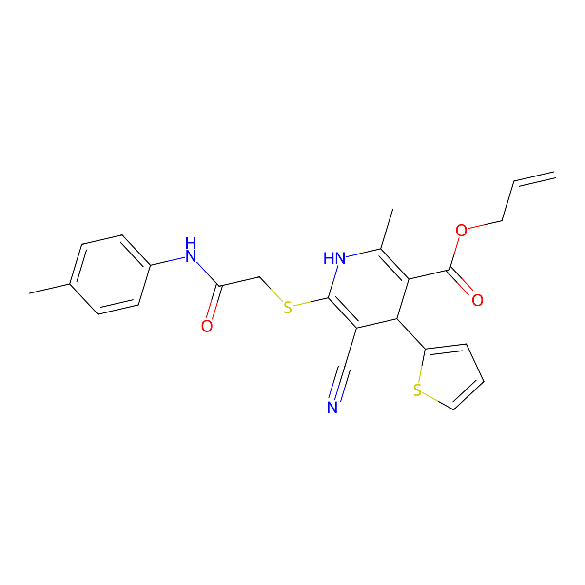 Allyl 5-cyano-2-methyl-6-((2-oxo-2-(p-tolylamino)ethyl)thio)-4-(thiophen-2-yl)-1,4-dihydropyridine-3-carboxylate molecular structure, CAS 369393-84-0