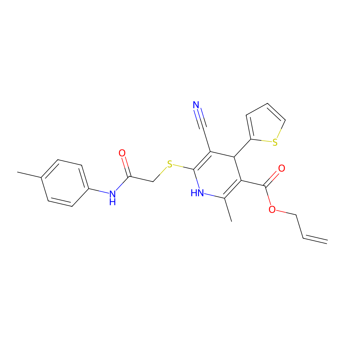 Allyl 5-cyano-2-methyl-6-((2-oxo-2-(p-tolylamino)ethyl)thio)-4-(thiophen-2-yl)-1,4-dihydropyridine-3-carboxylate molecular structure, CAS 369393-84-0