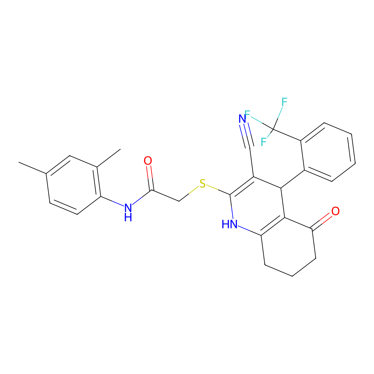 2-({3-cyano-5-oxo-4-[2-(trifluoromethyl)phenyl]-1,4,5,6,7,8-hexahydroquinolin-2-yl}sulfanyl)-N-(2,4-dimethylphenyl)acetamide molecular structure, CAS 369394-21-8