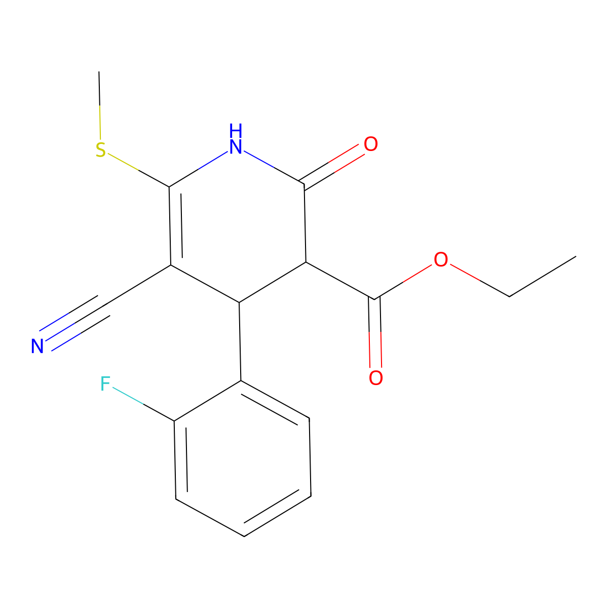 Ethyl 5-cyano-4-(2-fluorophenyl)-6-(methylsulfanyl)-2-oxo-1,2,3,4-tetrahydropyridine-3-carboxylate molecular structure, CAS 369394-24-1