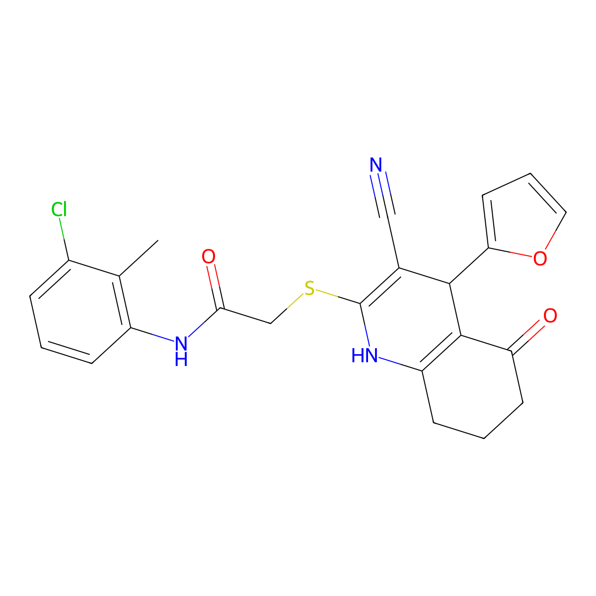 N-(3-chloro-2-methylphenyl)-2-{[3-cyano-4-(furan-2-yl)-5-oxo-1,4,5,6,7,8-hexahydroquinolin-2-yl]sulfanyl}acetamide molecular structure, CAS 369394-47-8