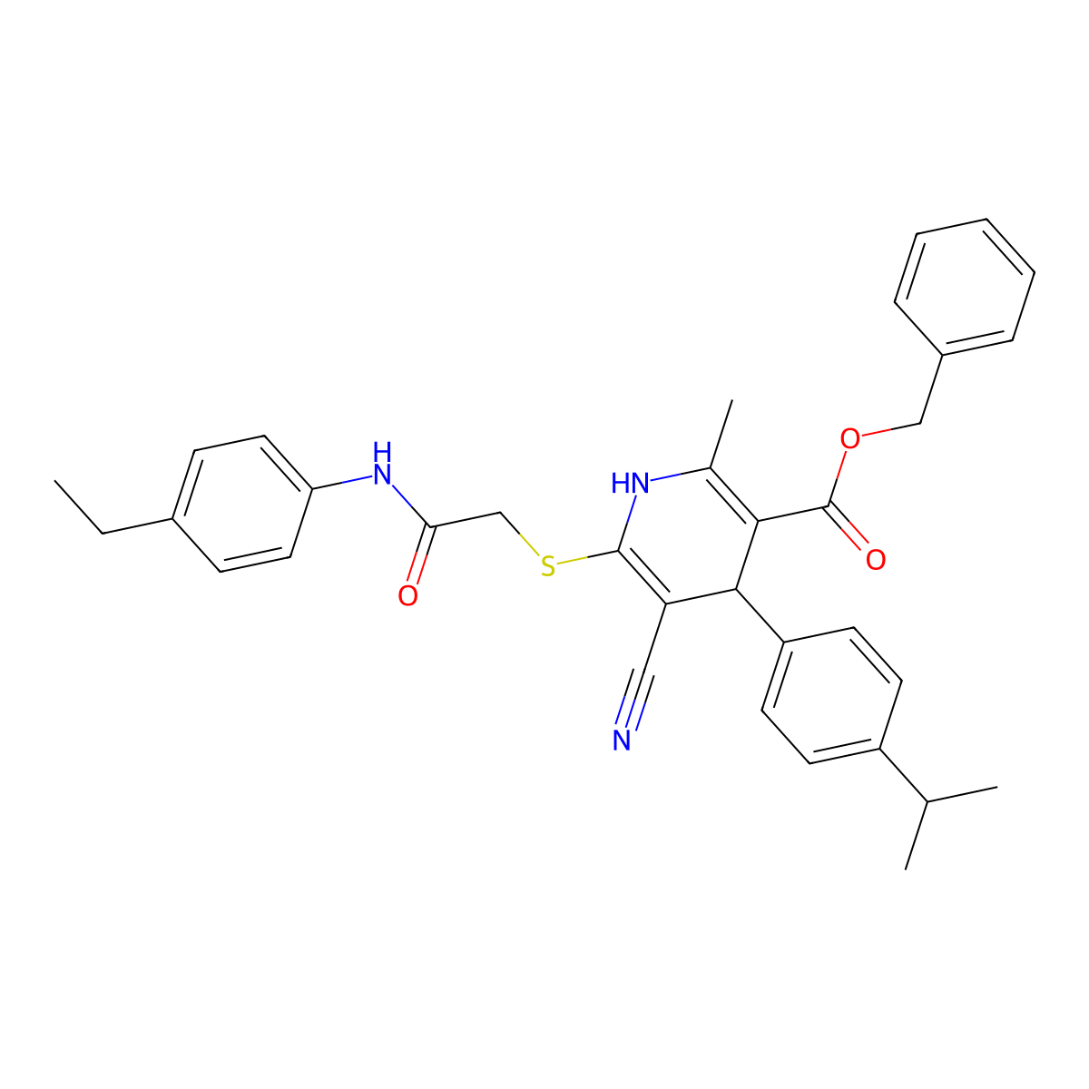 Benzyl 5-cyano-6-({2-[(4-ethylphenyl)amino]-2-oxoethyl}sulfanyl)-2-methyl-4-[4-(propan-2-yl)phenyl]-1,4-dihydropyridine-3-carboxylate molecular structure, CAS 369394-55-8