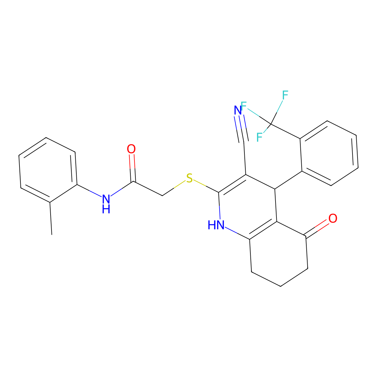 2-({3-cyano-5-oxo-4-[2-(trifluoromethyl)phenyl]-1,4,5,6,7,8-hexahydroquinolin-2-yl}sulfanyl)-N-(2-methylphenyl)acetamide molecular structure, CAS 369394-83-2