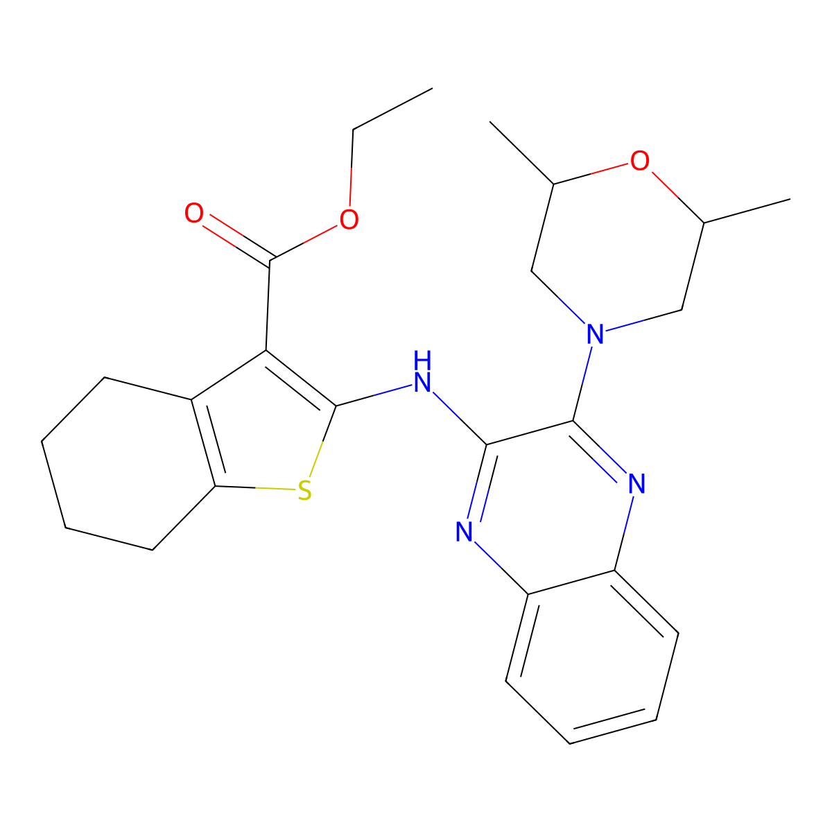 Ethyl 2-{[3-(2,6-dimethylmorpholin-4-yl)quinoxalin-2-yl]amino}-4,5,6,7-tetrahydro-1-benzothiophene-3-carboxylate molecular structure, CAS 369394-91-2