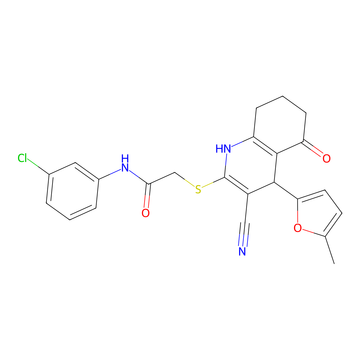 N-(3-chlorophenyl)-2-{[3-cyano-4-(5-methylfuran-2-yl)-5-oxo-1,4,5,6,7,8-hexahydroquinolin-2-yl]sulfanyl}acetamide molecular structure, CAS 369394-96-7