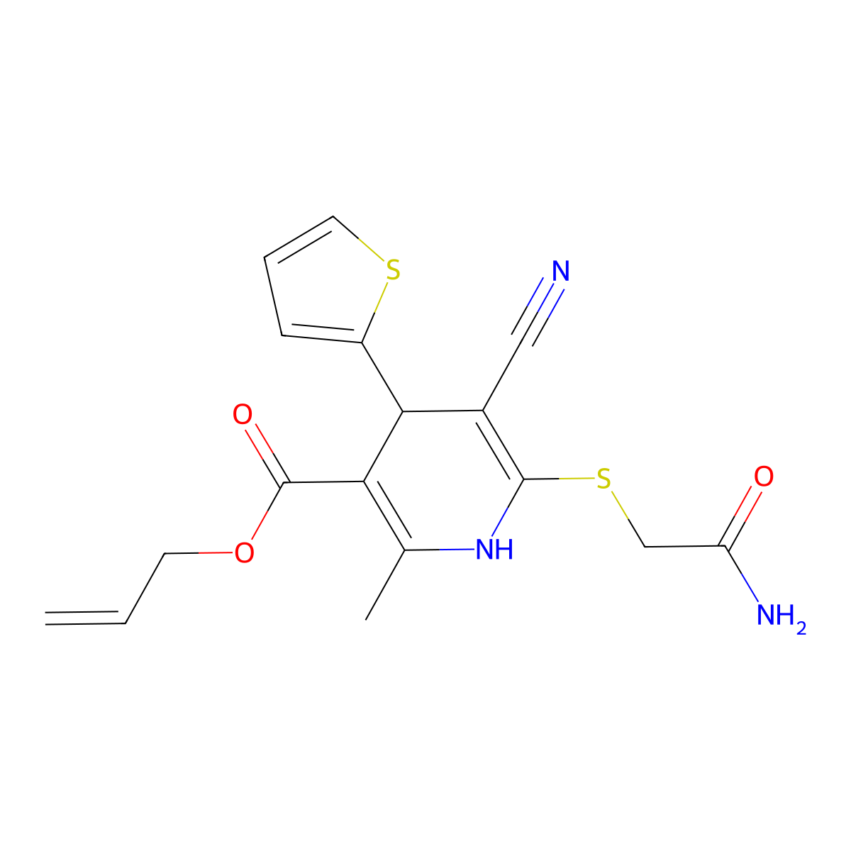 Allyl 6-((2-amino-2-oxoethyl)thio)-5-cyano-2-methyl-4-(thiophen-2-yl)-1,4-dihydropyridine-3-carboxylate molecular structure, CAS 369395-25-5