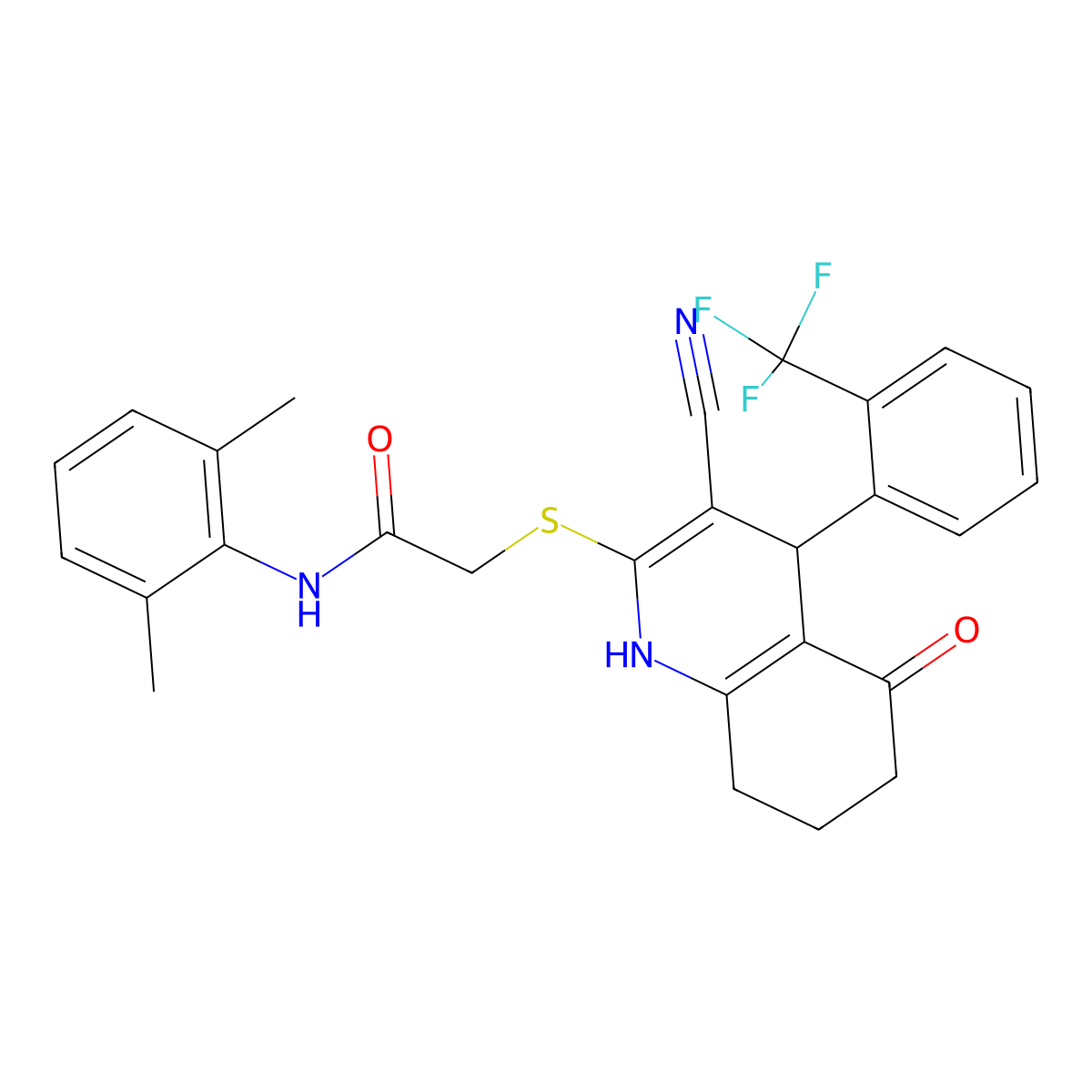 2-({3-cyano-5-oxo-4-[2-(trifluoromethyl)phenyl]-1,4,5,6,7,8-hexahydroquinolin-2-yl}sulfanyl)-N-(2,6-dimethylphenyl)acetamide molecular structure, CAS 369395-48-2