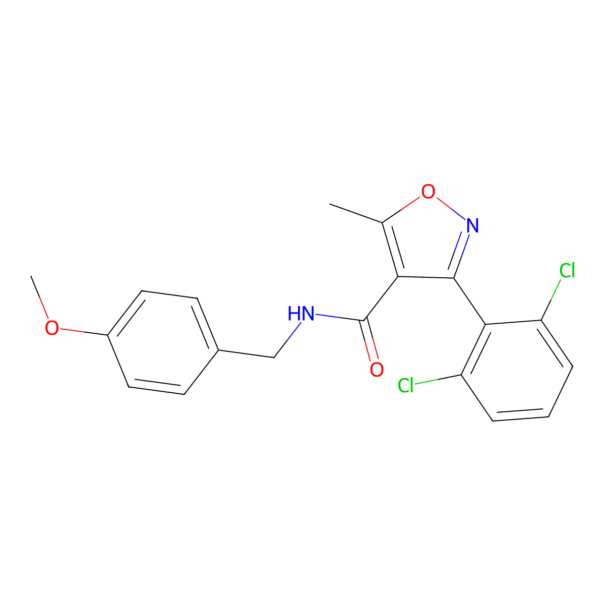 3-(2,6-dichlorophenyl)-N-[(4-methoxyphenyl)methyl]-5-methyl-1,2-oxazole-4-carboxamide molecular structure, CAS 369395-49-3
