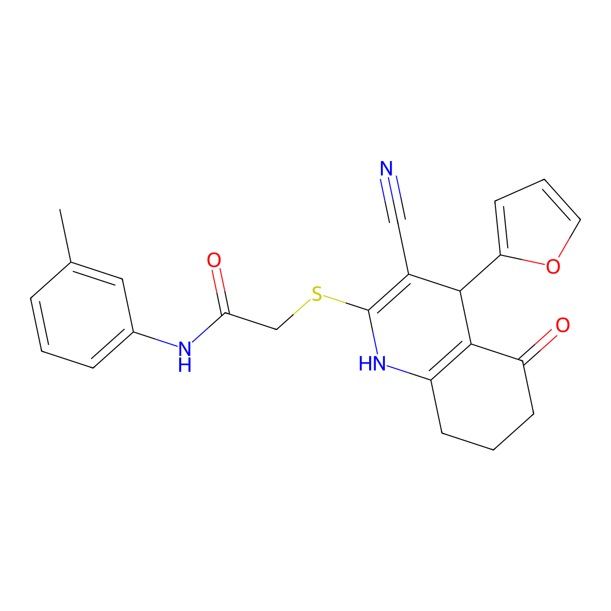 2-{[3-cyano-4-(furan-2-yl)-5-oxo-1,4,5,6,7,8-hexahydroquinolin-2-yl]sulfanyl}-N-(3-methylphenyl)acetamide molecular structure, CAS 369395-75-5
