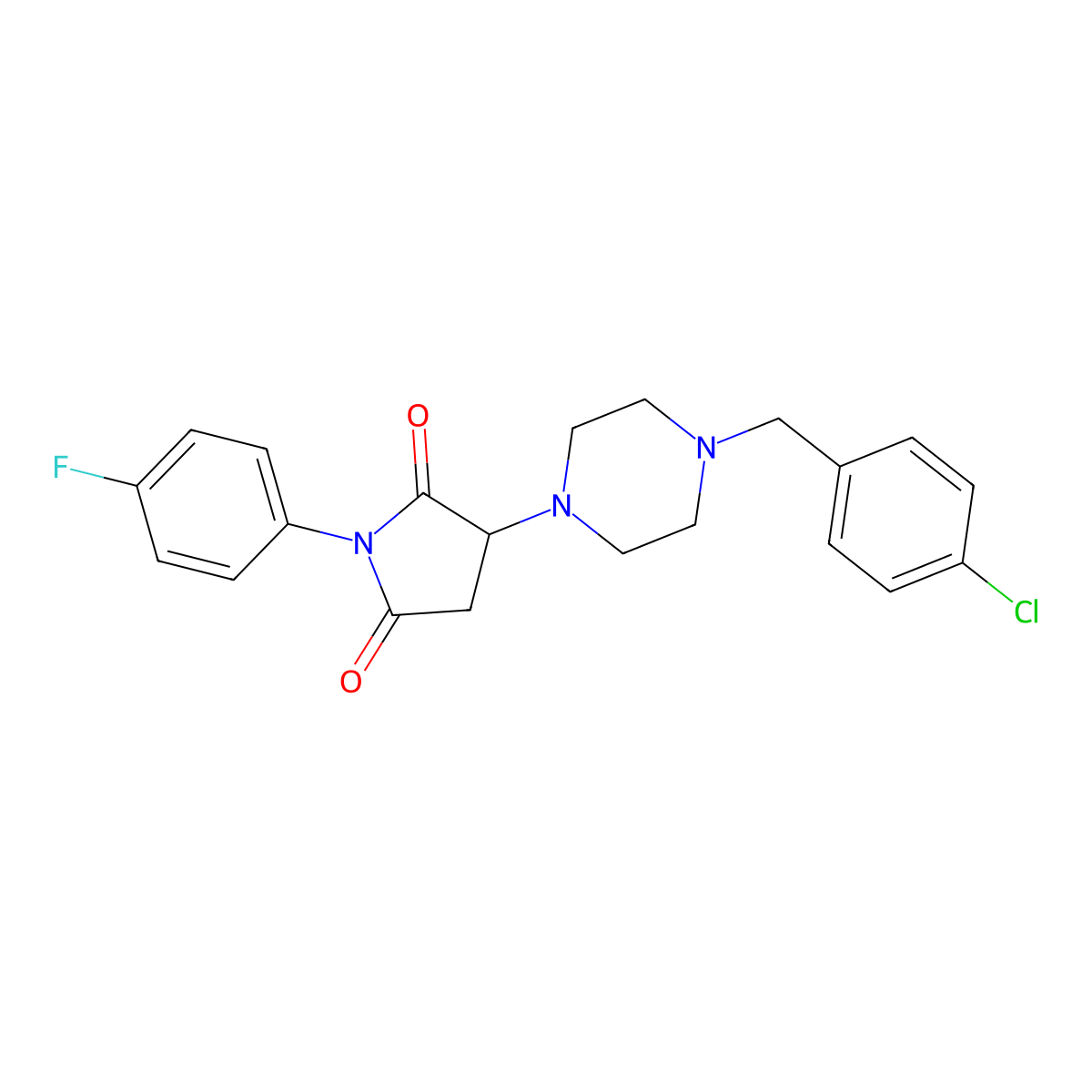 3-[4-[(4-Chlorophenyl)methyl]piperazin-1-yl]-1-(4-fluorophenyl)pyrrolidine-2,5-dione molecular structure, CAS 369395-76-6