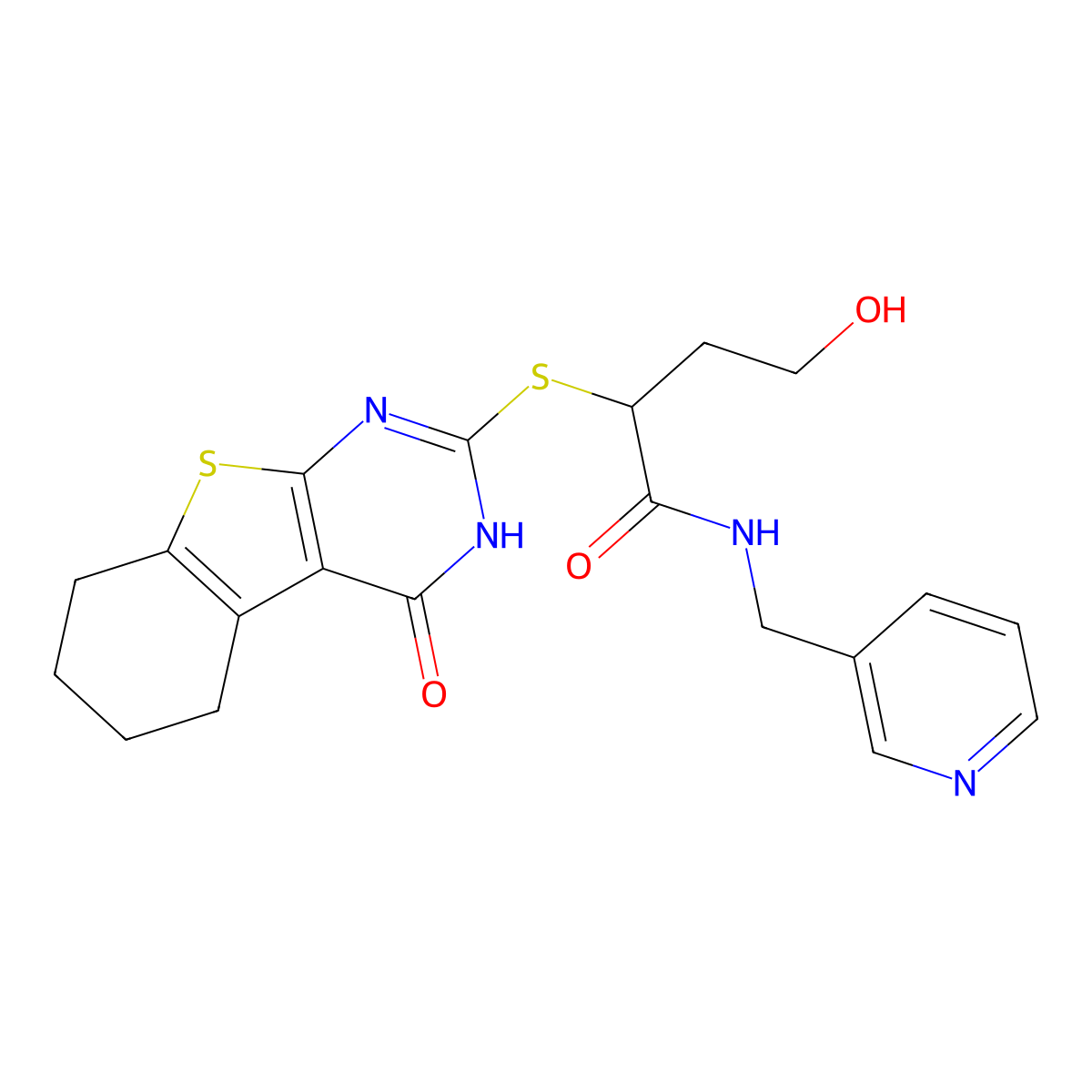 4-hydroxy-2-[(4-hydroxy-5,6,7,8-tetrahydro[1]benzothieno[2,3-d]pyrimidin-2-yl)sulfanyl]-N-(pyridin-3-ylmethyl)butanamide molecular structure, CAS 369396-42-9