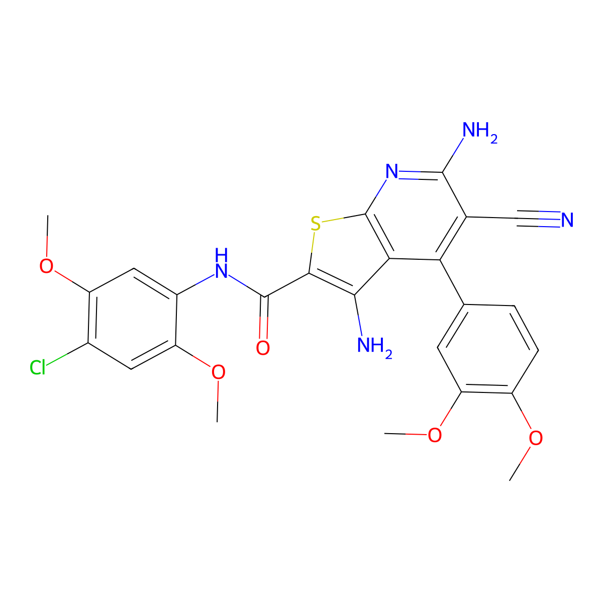 3,6-diamino-N-(4-chloro-2,5-dimethoxyphenyl)-5-cyano-4-(3,4-dimethoxyphenyl)thieno[2,3-b]pyridine-2-carboxamide molecular structure, CAS 369396-46-3