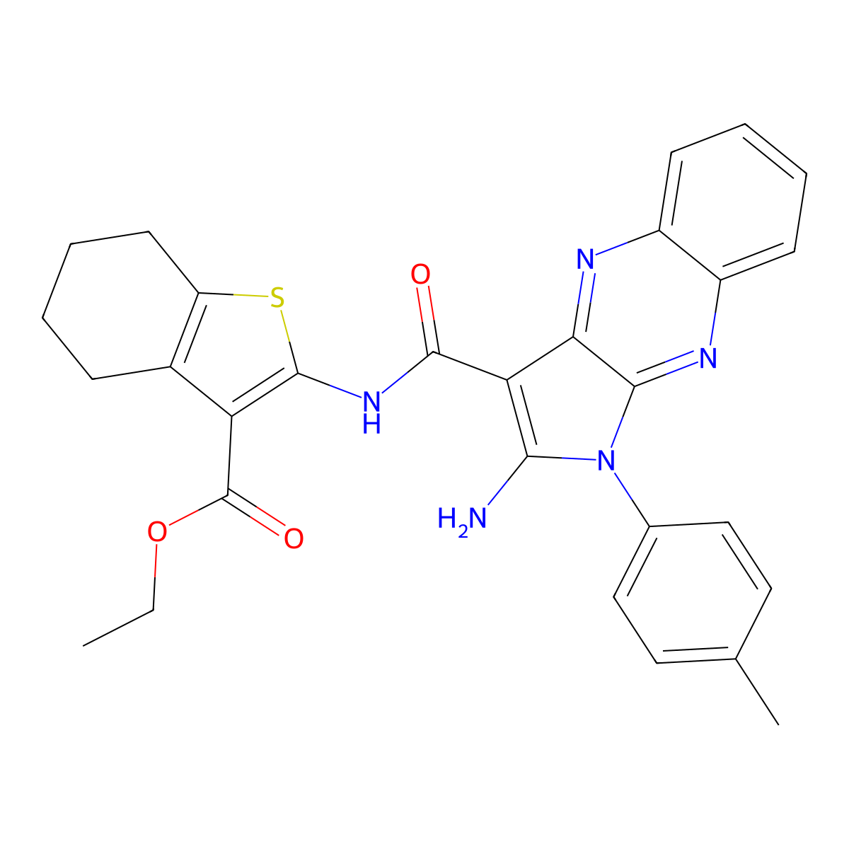 ethyl 2-({[2-amino-1-(4-methylphenyl)-1H-pyrrolo[2,3-b]quinoxalin-3-yl]carbonyl}amino)-4,5,6,7-tetrahydro-1-benzothiophene-3-carboxylate molecular structure, CAS 369396-50-9