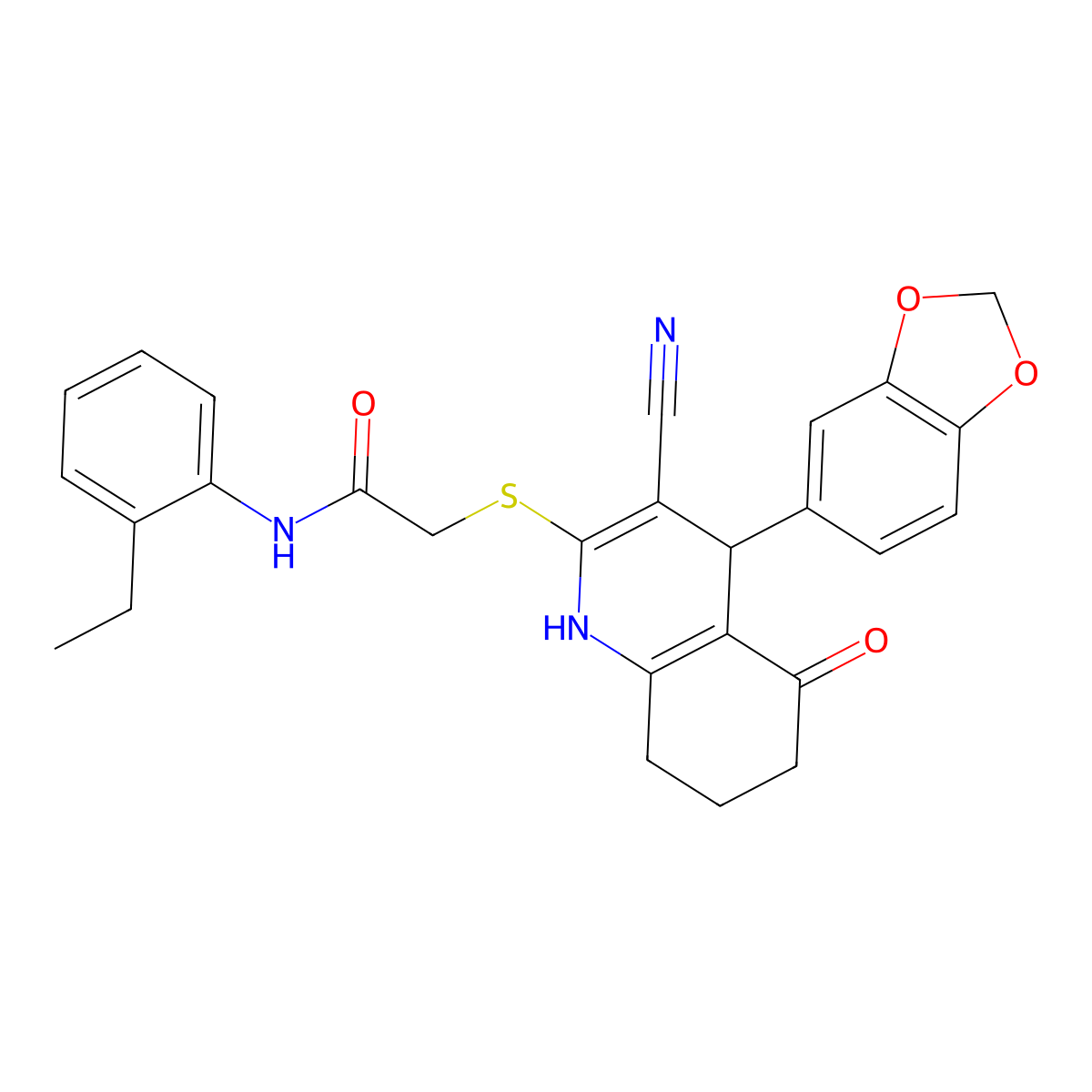 2-((4-(benzo[d][1,3]dioxol-5-yl)-3-cyano-5-oxo-1,4,5,6,7,8-hexahydroquinolin-2-yl)thio)-N-(2-ethylphenyl)acetamide molecular structure, CAS 369396-58-7