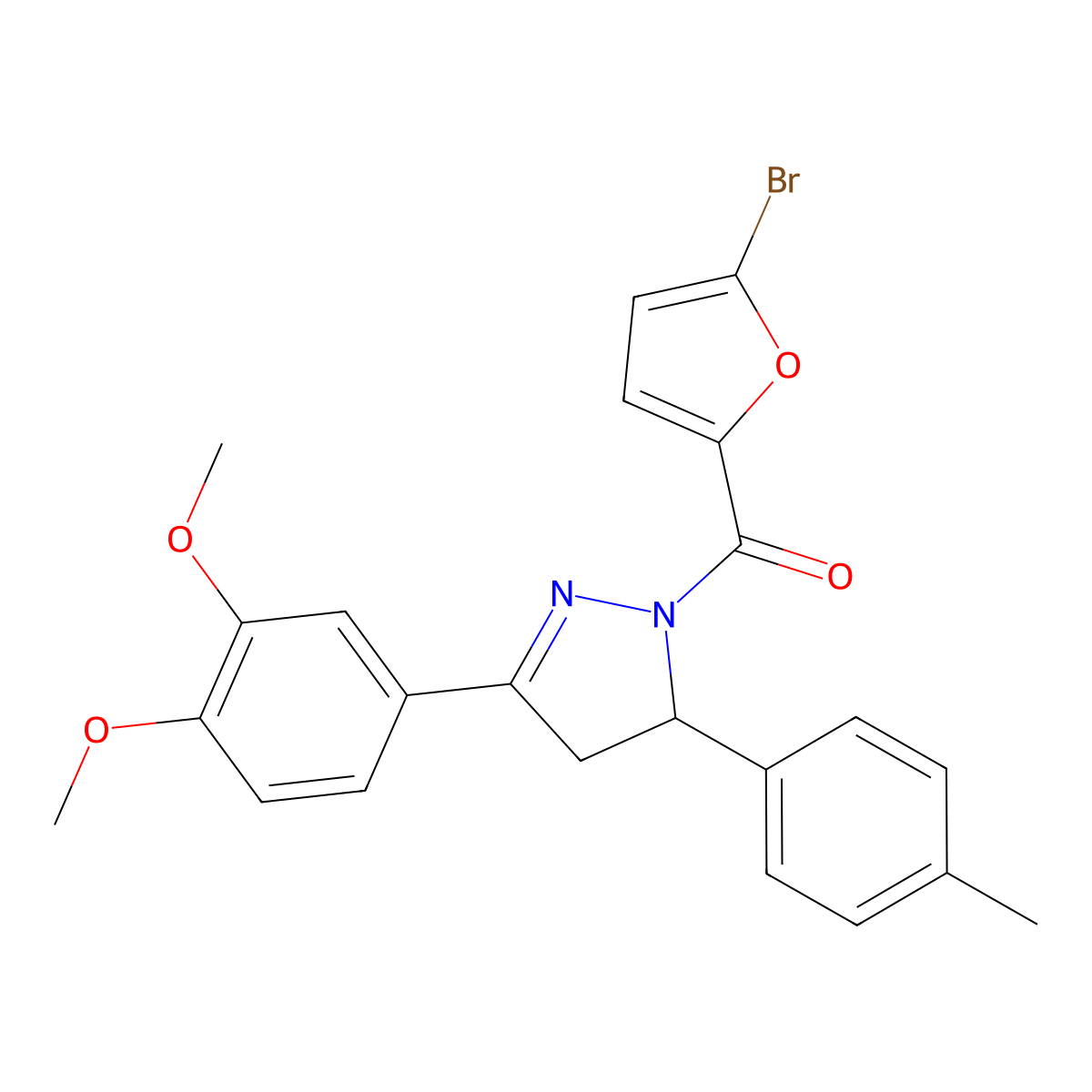 (5-bromofuran-2-yl)(3-(3,4-dimethoxyphenyl)-5-(p-tolyl)-4,5-dihydro-1H-pyrazol-1-yl)methanone molecular structure, CAS 369396-69-0
