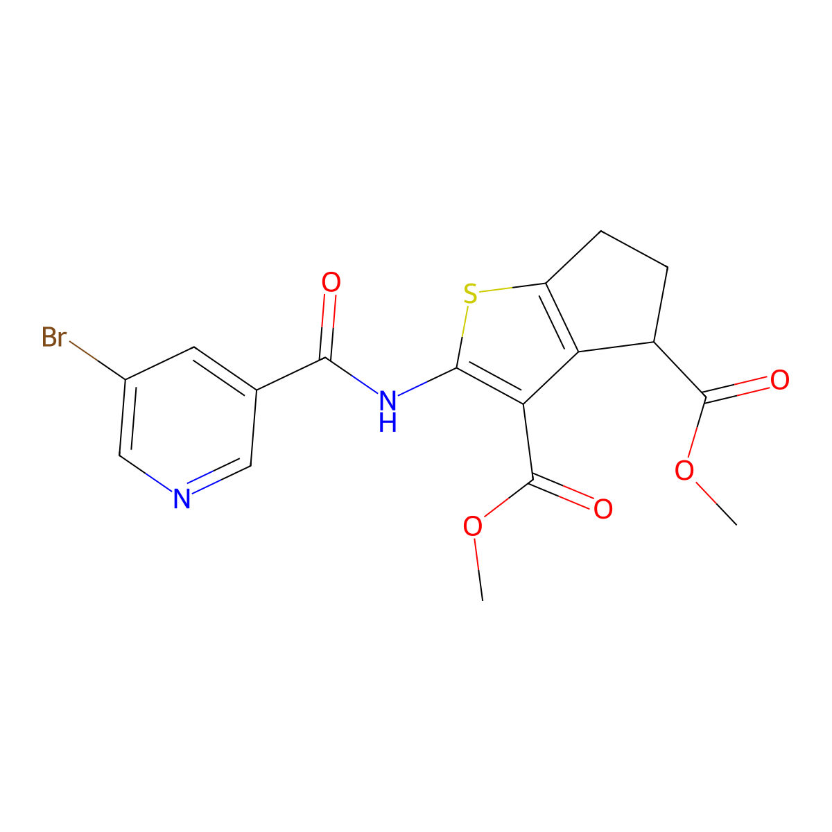 dimethyl 2-{[(5-bromopyridin-3-yl)carbonyl]amino}-5,6-dihydro-4H-cyclopenta[b]thiophene-3,4-dicarboxylate molecular structure, CAS 369396-87-2