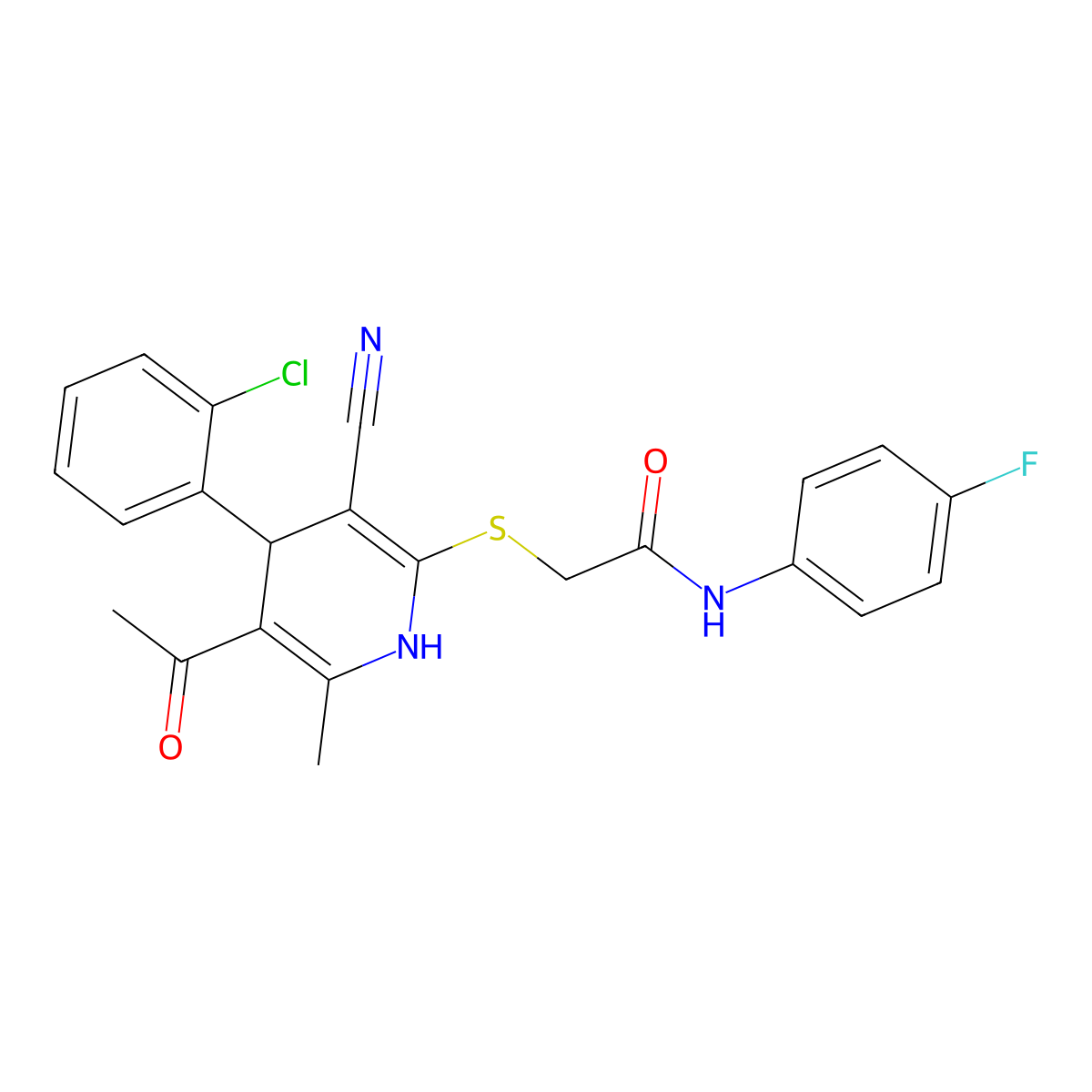 2-((5-acetyl-4-(2-chlorophenyl)-3-cyano-6-methyl-1,4-dihydropyridin-2-yl)thio)-N-(4-fluorophenyl)acetamide molecular structure, CAS 369397-14-8