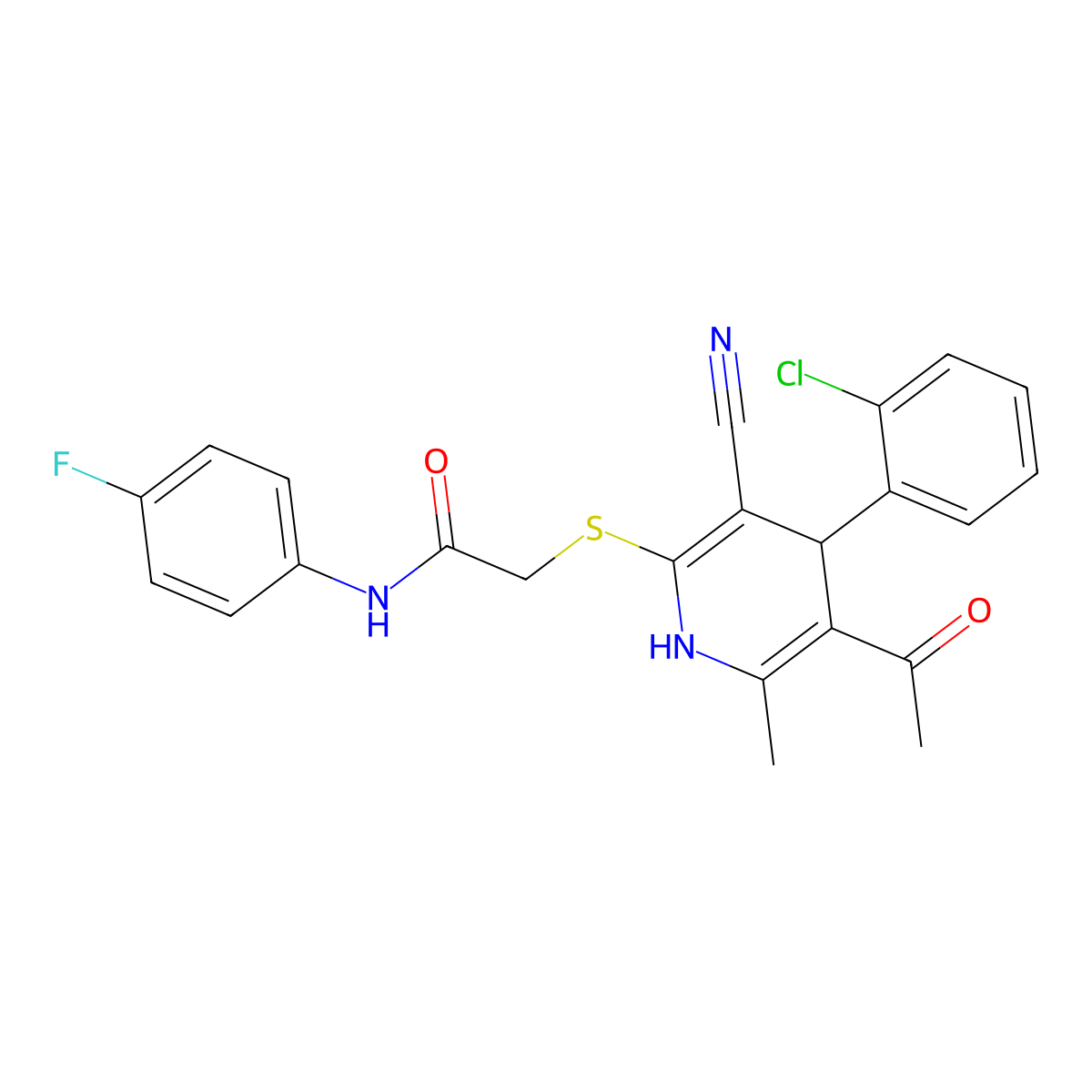 2-((5-acetyl-4-(2-chlorophenyl)-3-cyano-6-methyl-1,4-dihydropyridin-2-yl)thio)-N-(4-fluorophenyl)acetamide molecular structure, CAS 369397-14-8