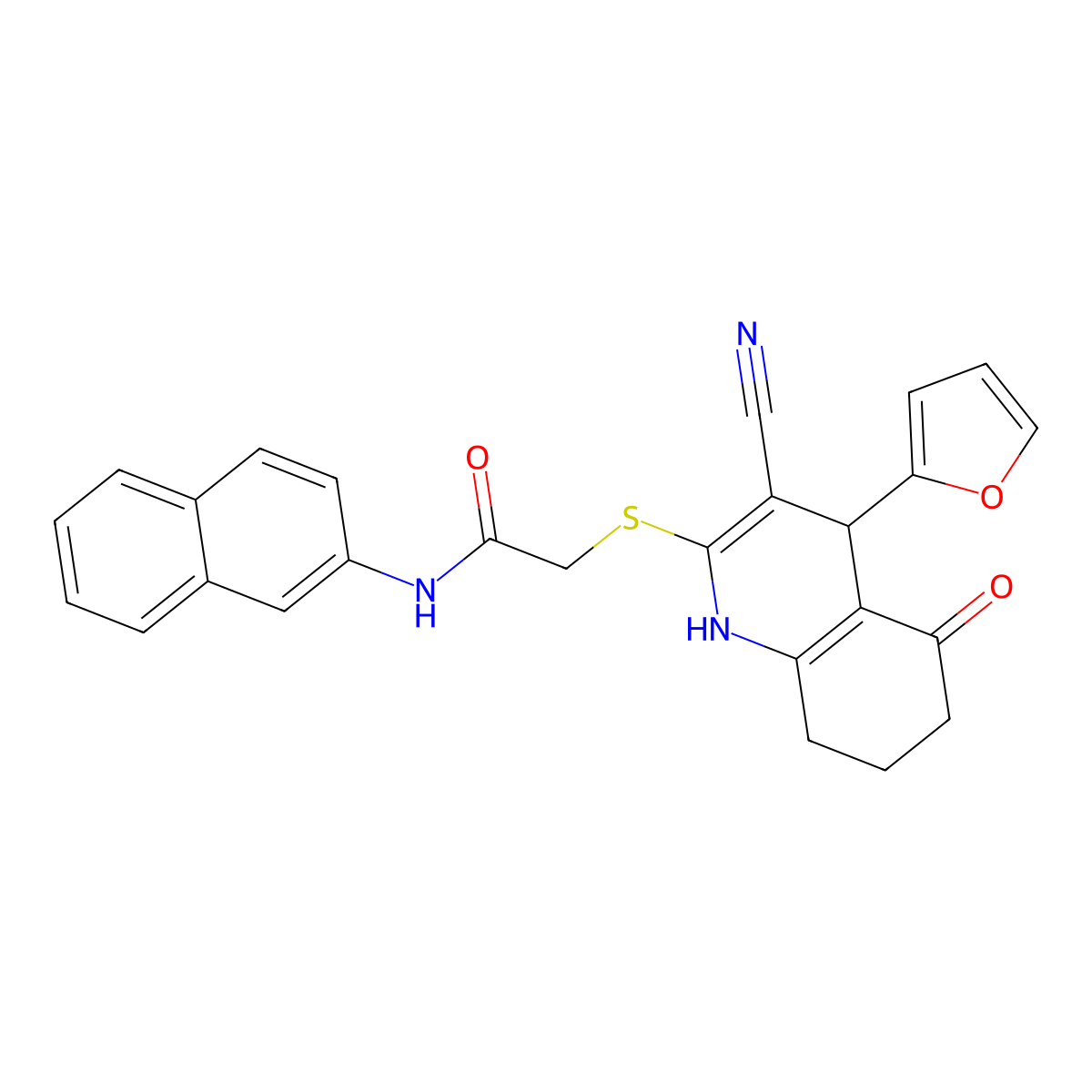 2-[[3-cyano-4-(furan-2-yl)-5-oxo-4,6,7,8-tetrahydro-1H-quinolin-2-yl]sulfanyl]-N-naphthalen-2-ylacetamide molecular structure, CAS 369398-06-1