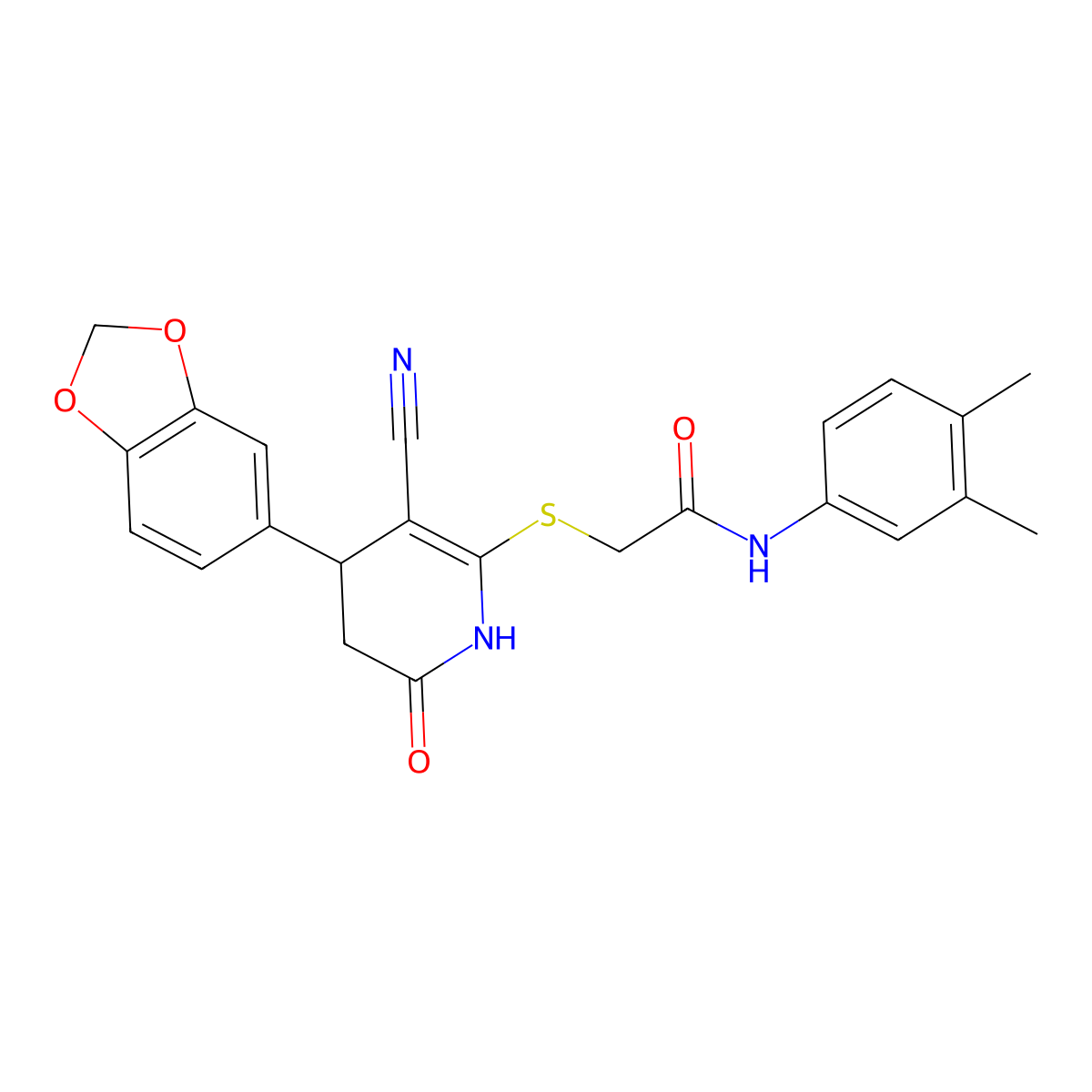 2-{[4-(1,3-benzodioxol-5-yl)-3-cyano-6-hydroxy-4,5-dihydropyridin-2-yl]sulfanyl}-N-(3,4-dimethylphenyl)acetamide molecular structure, CAS 369398-33-4