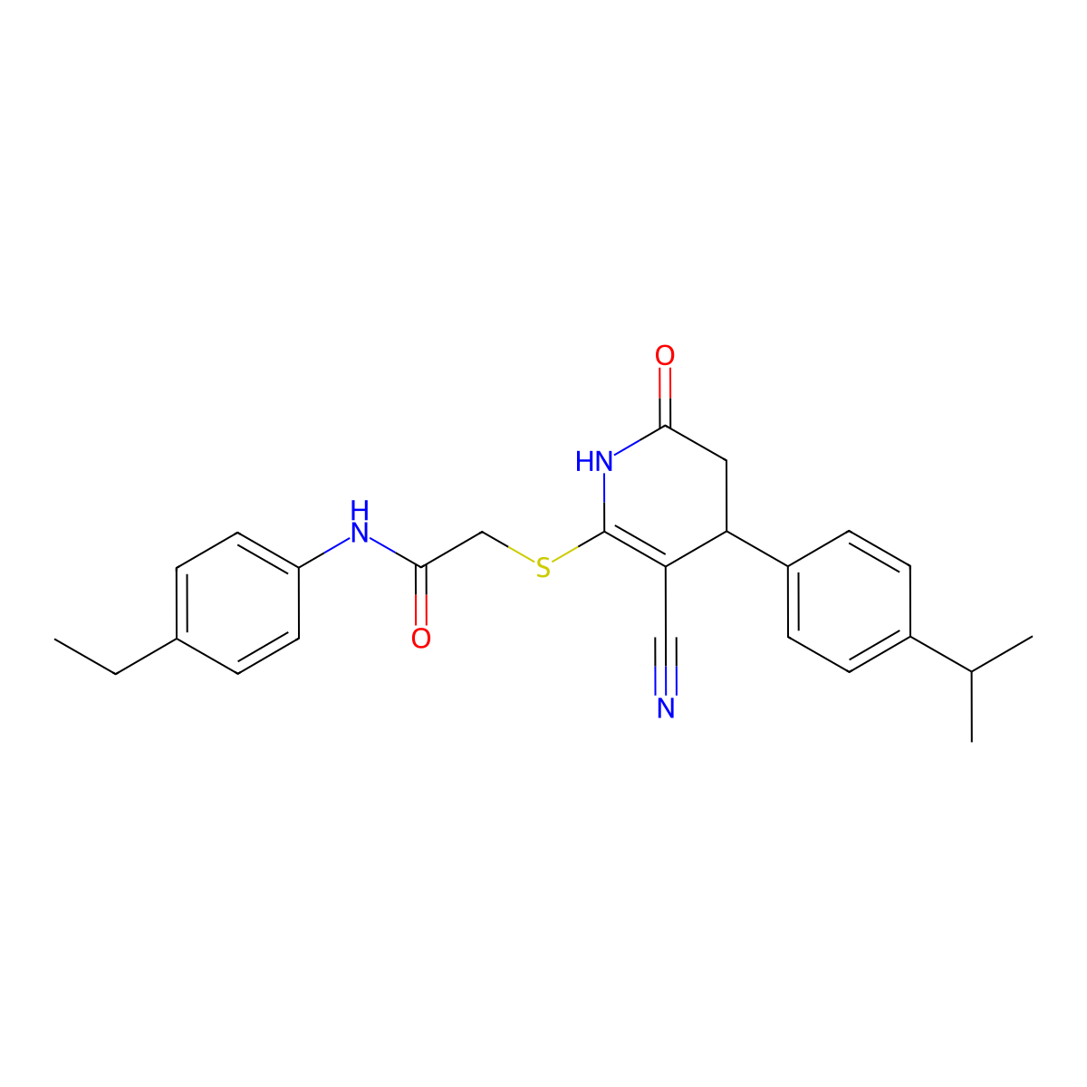 2-({3-cyano-6-oxo-4-[4-(propan-2-yl)phenyl]-1,4,5,6-tetrahydropyridin-2-yl}sulfanyl)-N-(4-ethylphenyl)acetamide molecular structure, CAS 369398-35-6