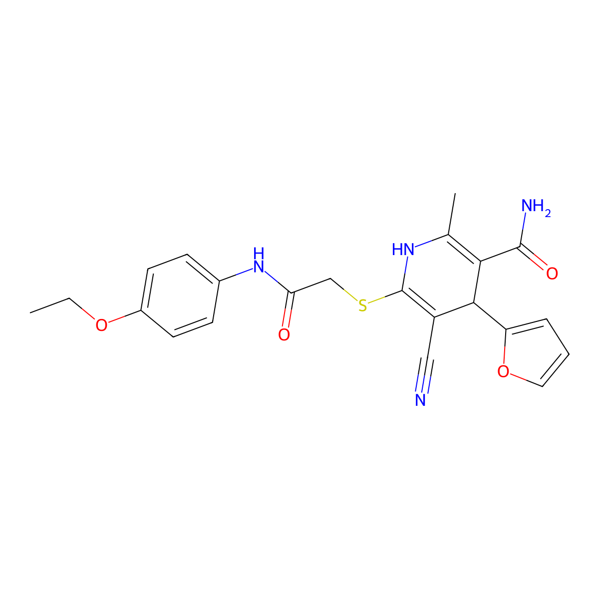 5-Cyano-6-((2-((4-ethoxyphenyl)amino)-2-oxoethyl)thio)-4-(furan-2-yl)-2-methyl-1,4-dihydropyridine-3-carboxamide molecular structure, CAS 369398-37-8
