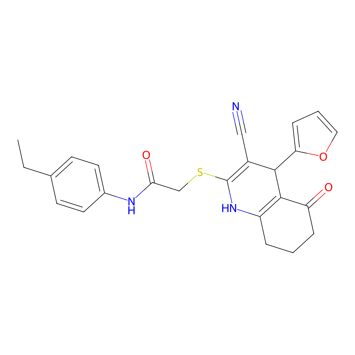 2-{[3-cyano-4-(furan-2-yl)-5-oxo-1,4,5,6,7,8-hexahydroquinolin-2-yl]sulfanyl}-N-(4-ethylphenyl)acetamide molecular structure, CAS 369398-40-3