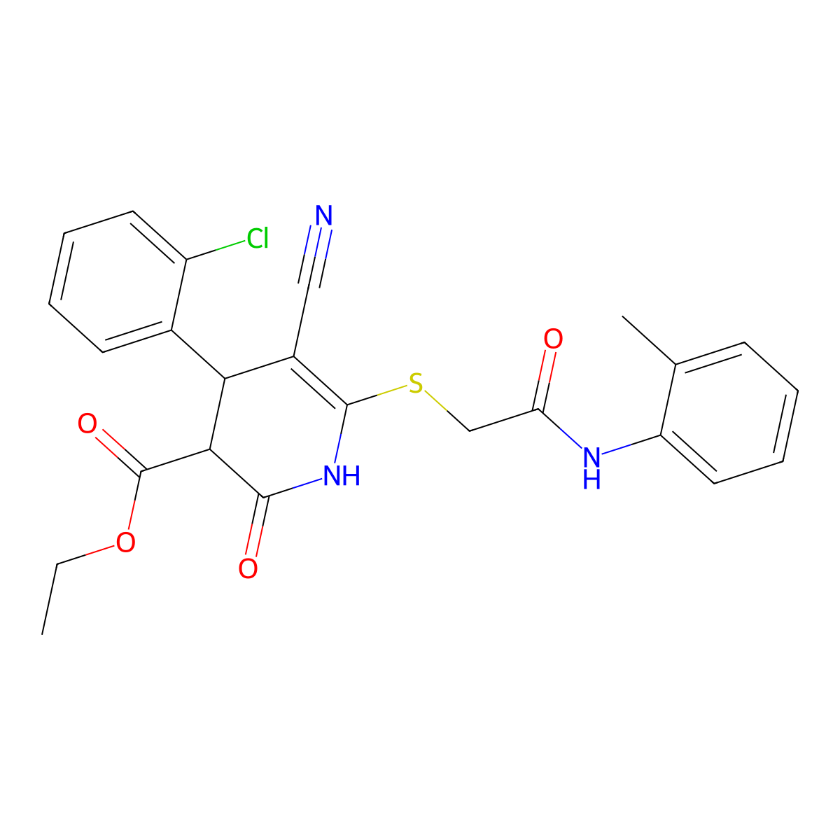 Ethyl 4-(2-chlorophenyl)-5-cyano-1,2,3,4-tetrahydro-6-[[2-[(2-methylphenyl)amino]-2-oxoethyl]thio]-2-oxo-3-pyridinecarboxylate molecular structure, CAS 369398-79-8