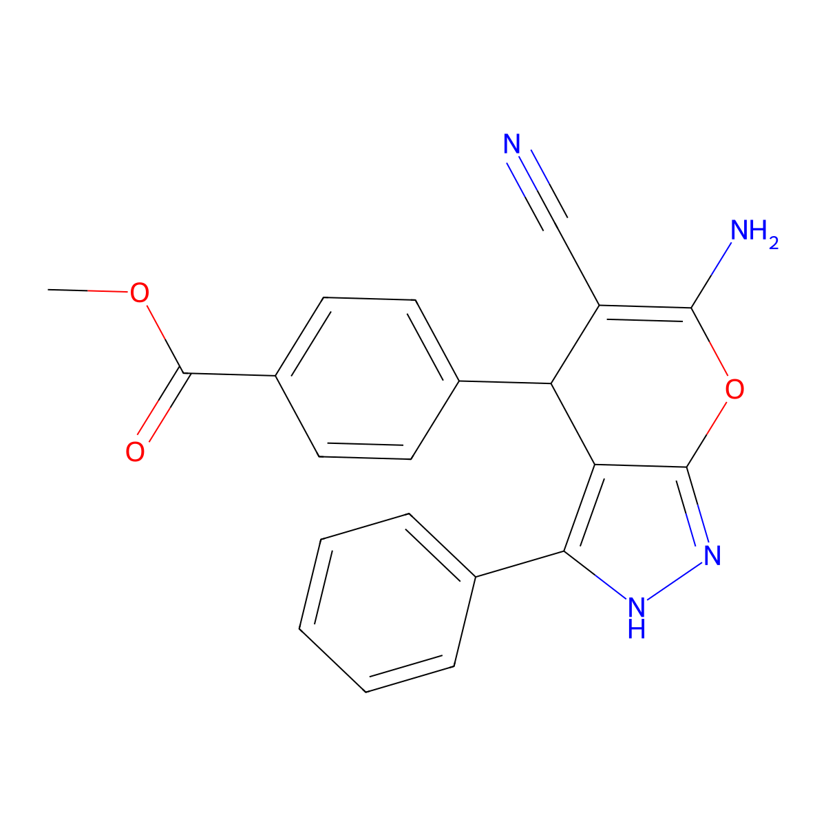 Methyl 4-(6-amino-5-cyano-3-phenyl-2,4-dihydropyrano[2,3-c]pyrazol-4-yl)benzoate molecular structure, CAS 369399-05-3