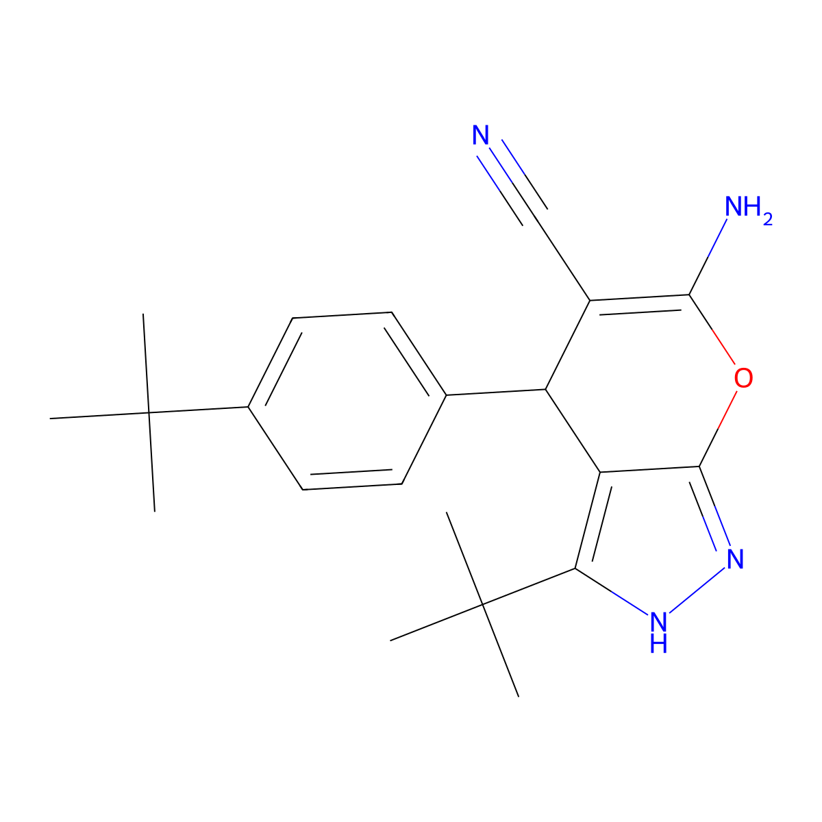 6-Amino-3-tert-butyl-4-(4-tert-butylphenyl)-2,4-dihydropyrano[2,3-c]pyrazole-5-carbonitrile molecular structure, CAS 369399-33-7