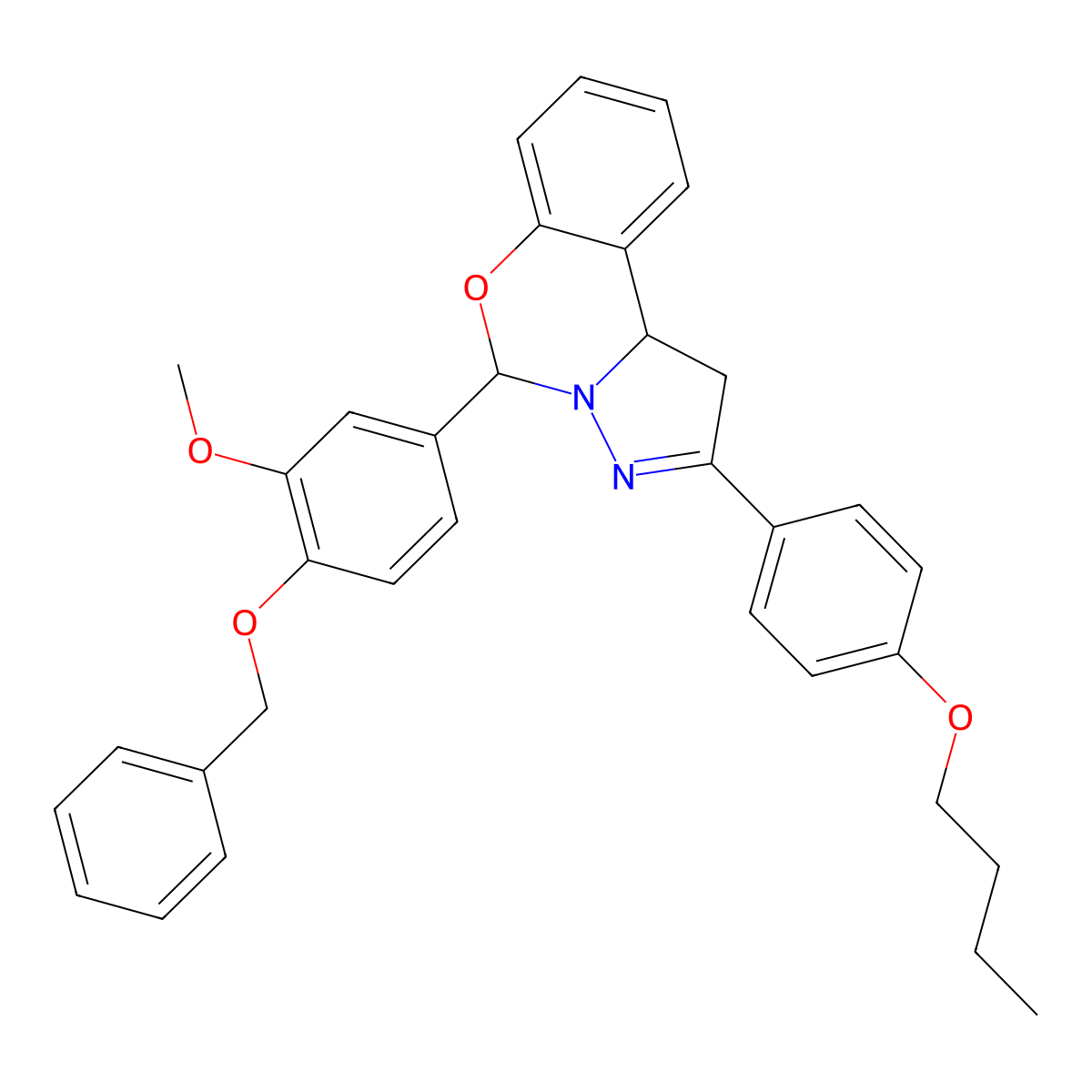 5-[4-(Benzyloxy)-3-methoxyphenyl]-2-(4-butoxyphenyl)-1,10b-dihydropyrazolo[1,5-c][1,3]benzoxazine molecular structure, CAS 369399-35-9