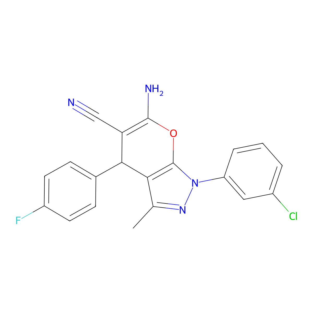 6-amino-1-(3-chlorophenyl)-4-(4-fluorophenyl)-3-methyl-4H-pyrano[2,3-c]pyrazole-5-carbonitrile molecular structure, CAS 369400-38-4