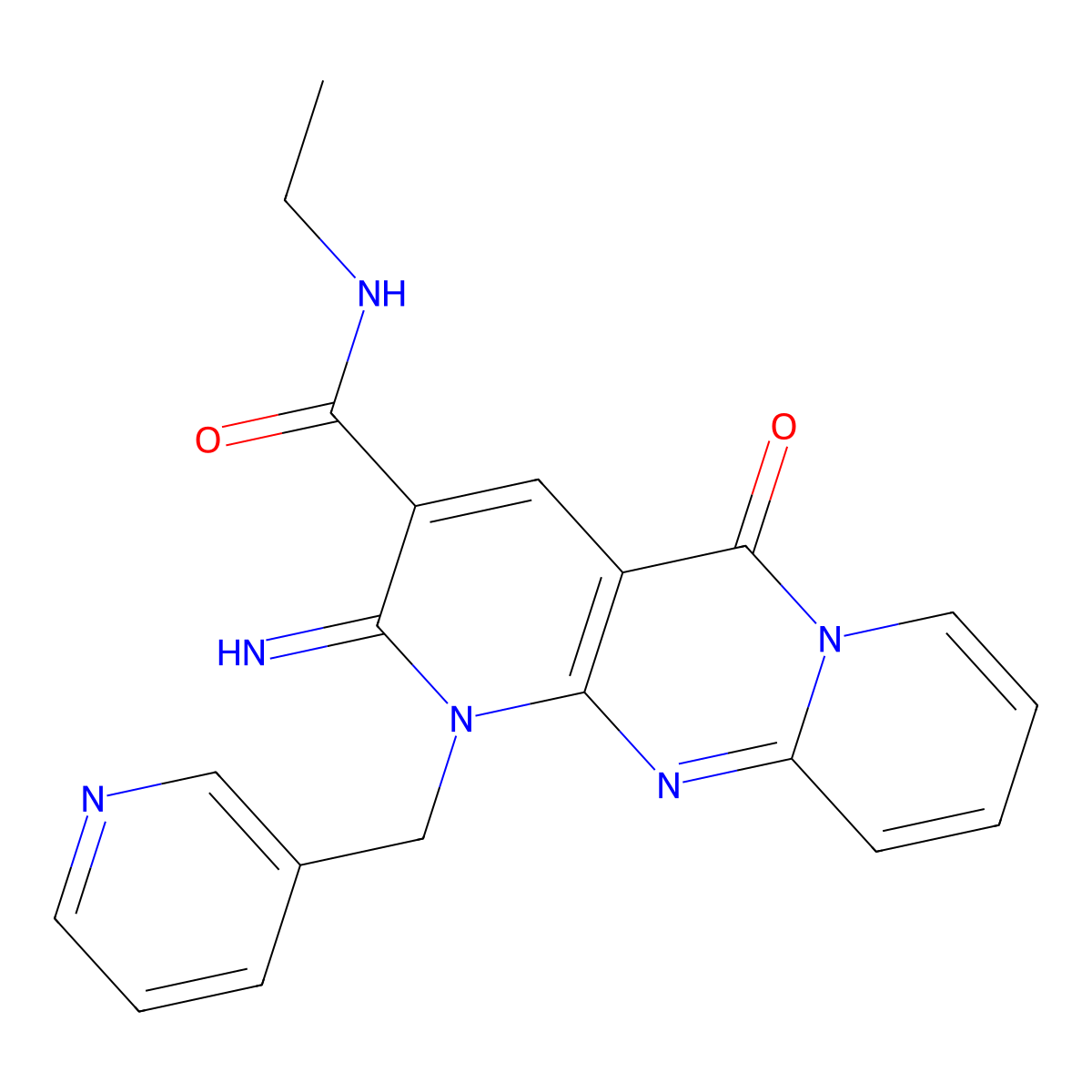 N-Ethyl-2-imino-5-oxo-1-(3-pyridinylmethyl)-1,5-dihydro-2H-dipyrido[1,2-A:2,3-D]pyrimidine-3-carboxamide molecular structure, CAS 369400-59-9