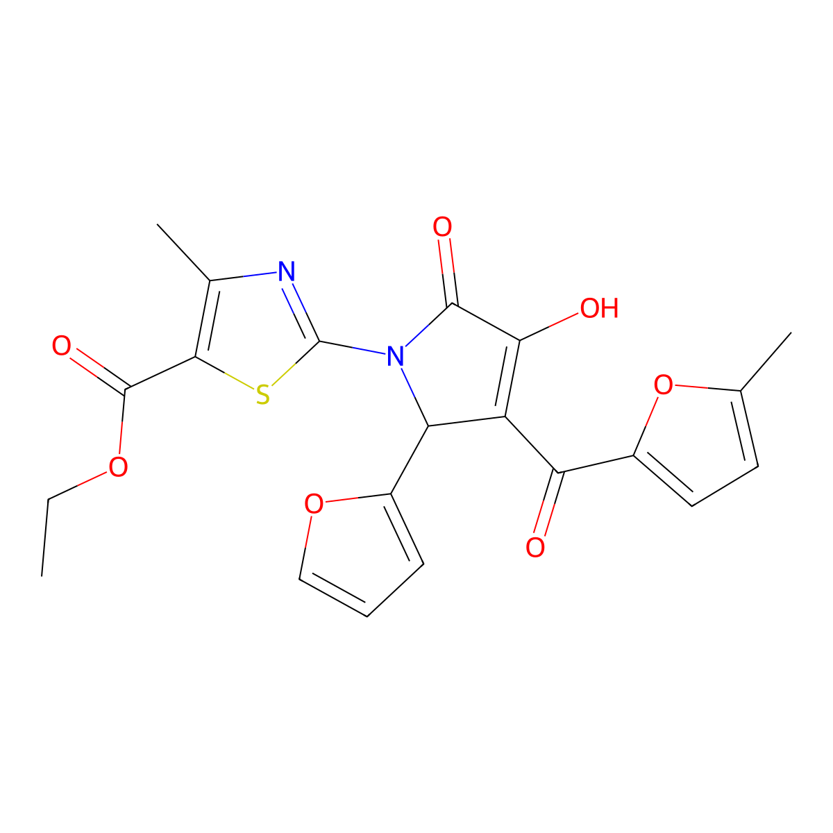 ethyl 2-{(3E)-2-(furan-2-yl)-3-[hydroxy(5-methylfuran-2-yl)methylidene]-4,5-dioxopyrrolidin-1-yl}-4-methyl-1,3-thiazole-5-carboxylate molecular structure, CAS 369400-83-9