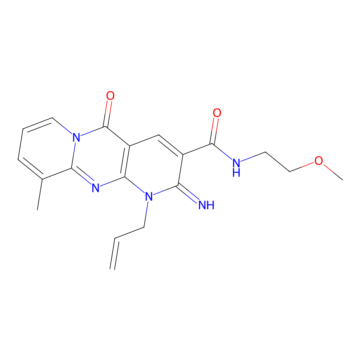 (2-imino-10-methyl-5-oxo-1-prop-2-enyl(1,6-dihydropyridino[2,3-d]pyridino[1,2-a]pyrimidin-3-yl))-N-(2-methoxyethyl)carboxamide molecular structure, CAS 369400-92-0