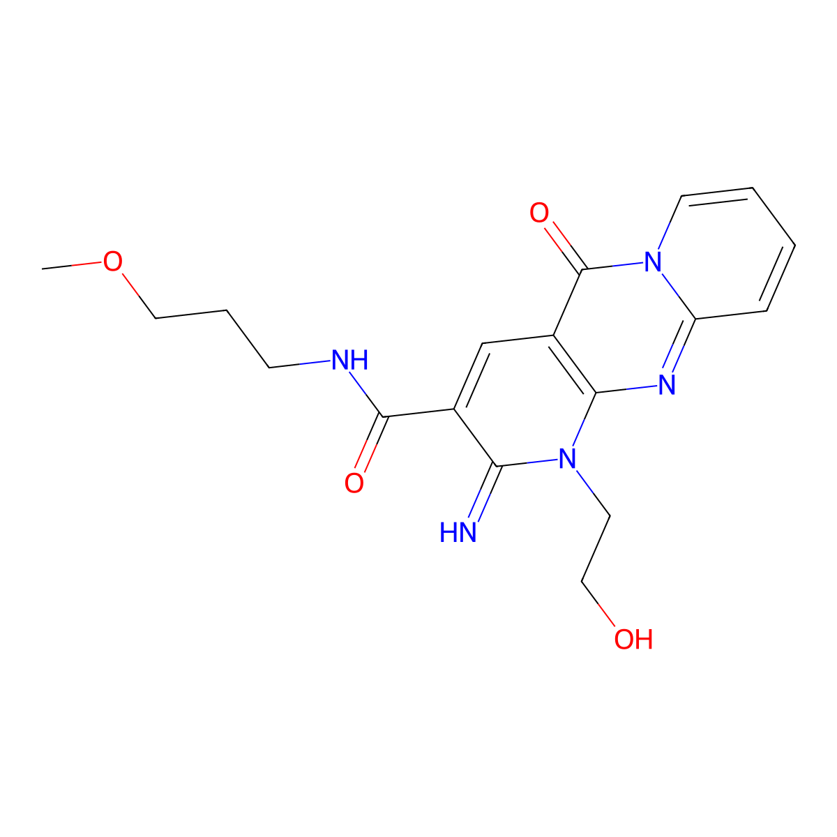 1-(2-hydroxyethyl)-2-imino-N-(3-methoxypropyl)-5-oxo-2,5-dihydro-1H-dipyrido[1,2-a:2',3'-d]pyrimidine-3-carboxamide molecular structure, CAS 369401-16-1