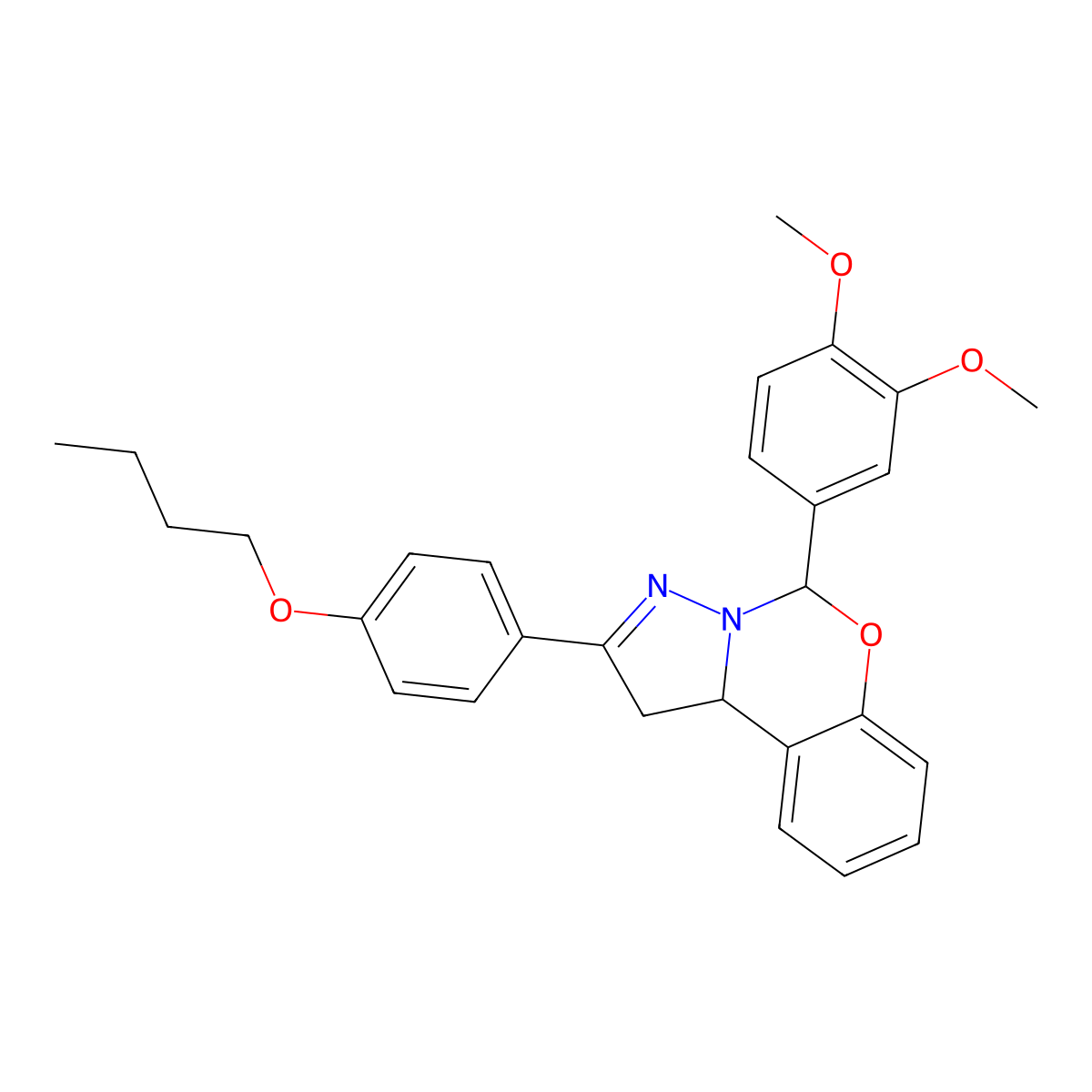 2-(4-Butoxyphenyl)-5-(3,4-dimethoxyphenyl)-1,10b-dihydropyrazolo[1,5-c][1,3]benzoxazine molecular structure, CAS 369401-30-9