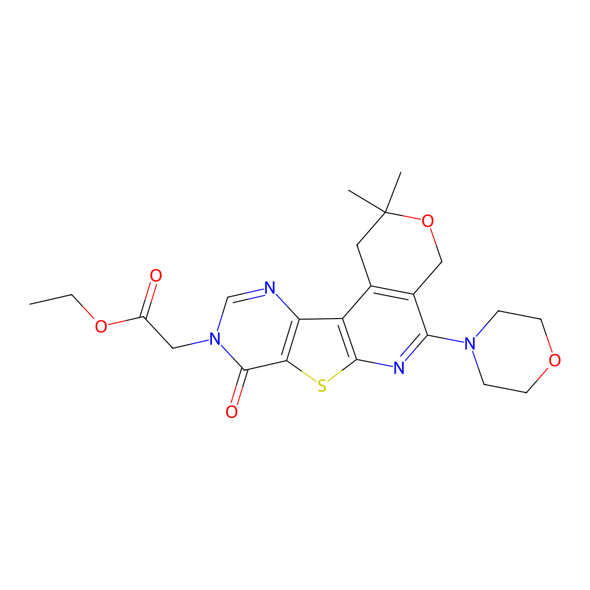 ethyl 2-(2,2-dimethyl-5-morpholino-8-oxo-1H-pyrano[4'',3'':4',5']pyrido[3',2':4,5]thieno[3,2-d]pyrimidin-9(2H,4H,8H)-yl)acetate molecular structure, CAS 369401-68-3