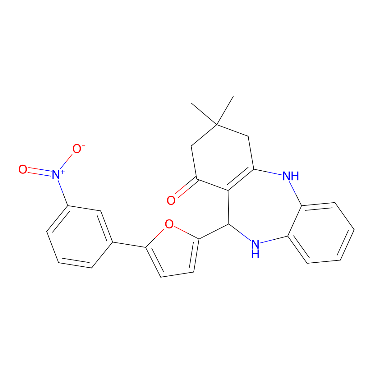 9,9-dimethyl-6-[5-(3-nitrophenyl)furan-2-yl]-6,8,10,11-tetrahydro-5H-benzo[b][1,4]benzodiazepin-7-one molecular structure, CAS 369401-80-9