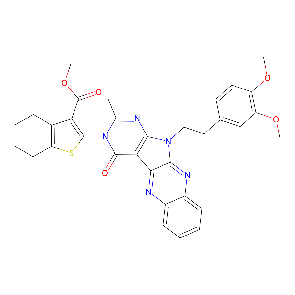 Methyl 2-(11-(2-(3,4-dimethoxyphenyl)ethyl)-4,11-dihydro-2-methyl-4-oxo-3H-pyrimido(5',4':4,5)pyrrolo(2,3-b)quinoxalin-3-yl)-4,5,6,7-tetrahydrobenzo(b)thiophene-3-carboxylate molecular structure, CAS 369401-87-6