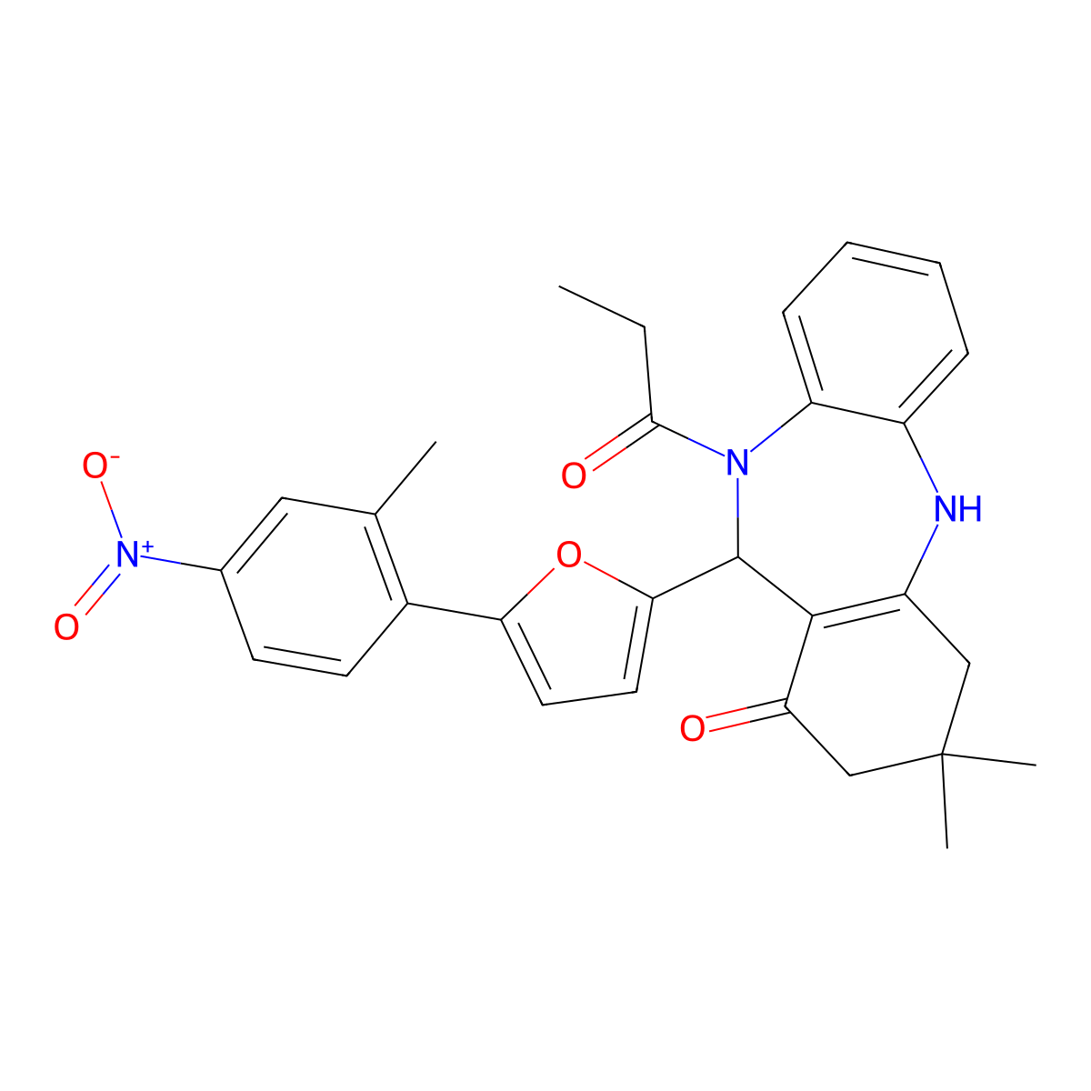 9,9-Dimethyl-6-[5-(2-methyl-4-nitrophenyl)furan-2-yl]-5-propanoyl-6,8,10,11-tetrahydrobenzo[b][1,4]benzodiazepin-7-one molecular structure, CAS 369403-90-7
