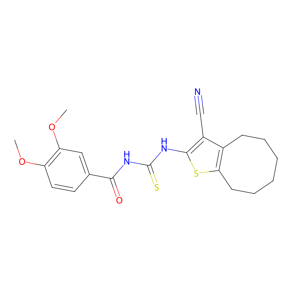 N-[(3-cyano-4,5,6,7,8,9-hexahydrocycloocta[b]thiophen-2-yl)carbamothioyl]-3,4-dimethoxybenzamide molecular structure, CAS 369404-00-2