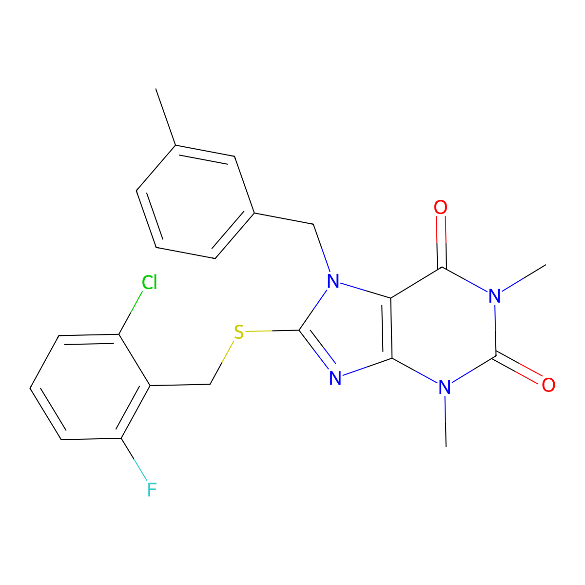 8-((2-chloro-6-fluorobenzyl)thio)-1,3-dimethyl-7-(3-methylbenzyl)-1H-purine-2,6(3H,7H)-dione molecular structure, CAS 369404-08-0