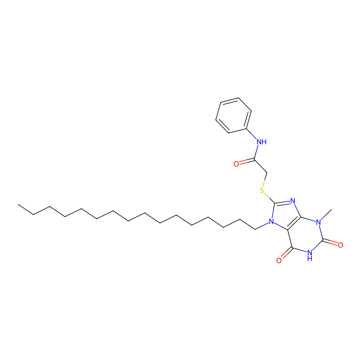 2-[(7-hexadecyl-3-methyl-2,6-dioxo-2,3,6,7-tetrahydro-1H-purin-8-yl)sulfanyl]-N-phenylacetamide molecular structure, CAS 369603-84-9