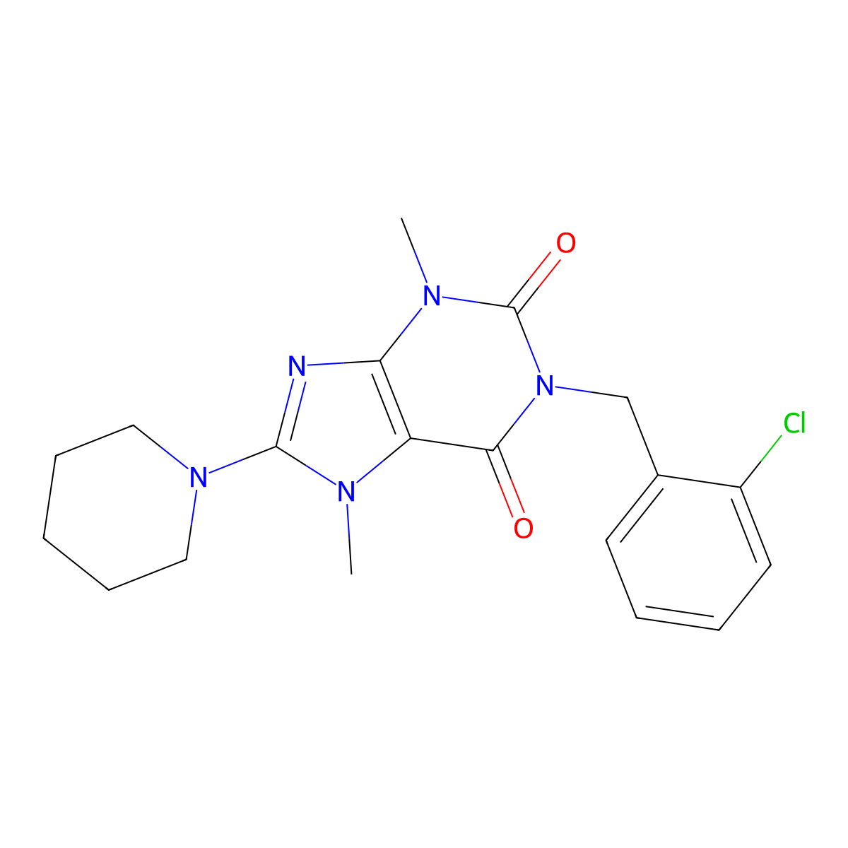 1-(2-chlorobenzyl)-3,7-dimethyl-8-(piperidin-1-yl)-1H-purine-2,6(3H,7H)-dione molecular structure, CAS 369606-58-6
