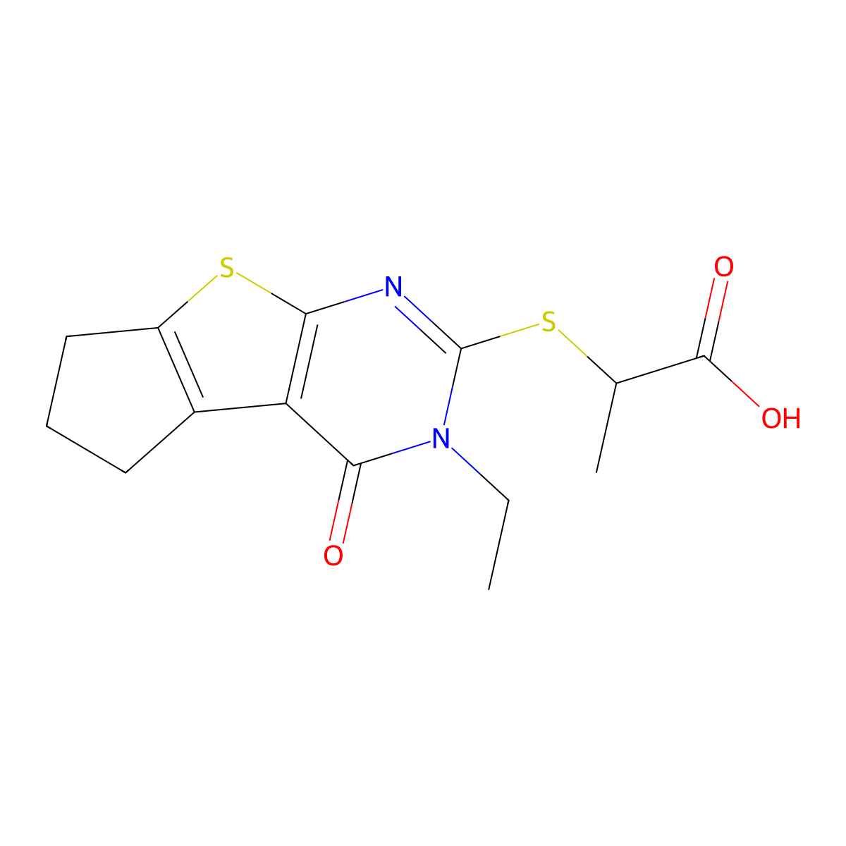 2-((3-ethyl-4-oxo-4,5,6,7-tetrahydro-3H-cyclopenta[4,5]thieno[2,3-d]pyrimidin-2-yl)thio)propanoic acid molecular structure, CAS 369607-52-3