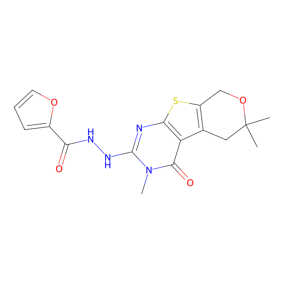 N'-(3,6,6-trimethyl-4-oxo-5,8-dihydropyrano[2,3]thieno[2,4-b]pyrimidin-2-yl)furan-2-carbohydrazide molecular structure, CAS 369608-17-3