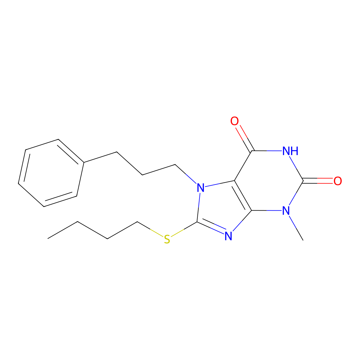 8-(butylthio)-3-methyl-7-(3-phenylpropyl)-1H-purine-2,6(3H,7H)-dione molecular structure, CAS 369608-51-5