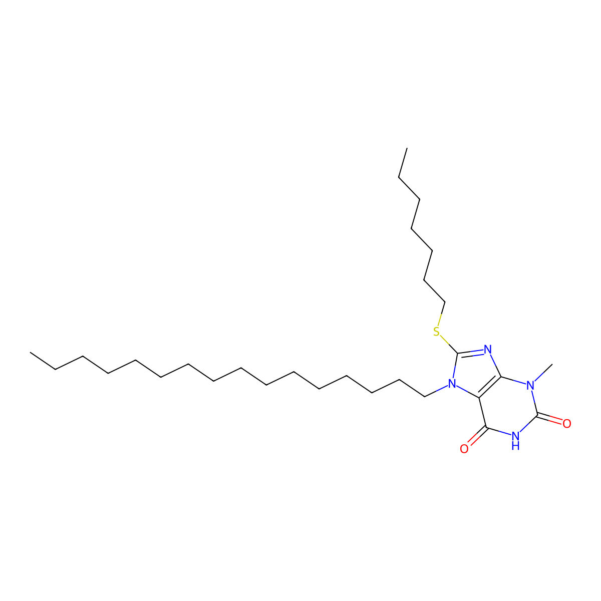 8-(heptylsulfanyl)-7-hexadecyl-3-methyl-3,7-dihydro-1H-purine-2,6-dione molecular structure, CAS 369608-65-1